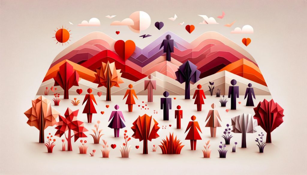 Colorful origami figures depicting romantic approaches by personality types